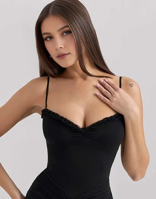 Romantic Black Mermaid Spaghetti-Straps Sleeveless Ruffle Ruffled Back Zip Floor-Length Prom Dresses