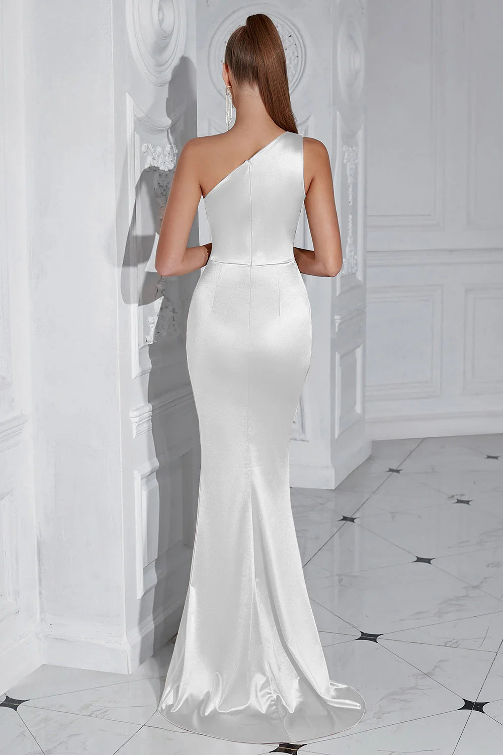 Glamorous Burgundy Mermaid One-Shoulder Sleeveless Back Zip Floor-Length Long Prom Dresses with Slit