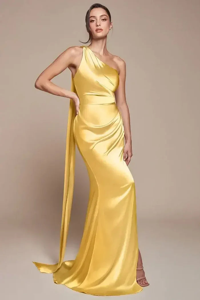 Luxe Mermaid One-Shoulder Short-Sleeve Draped-Back Floor-Length Prom Dress