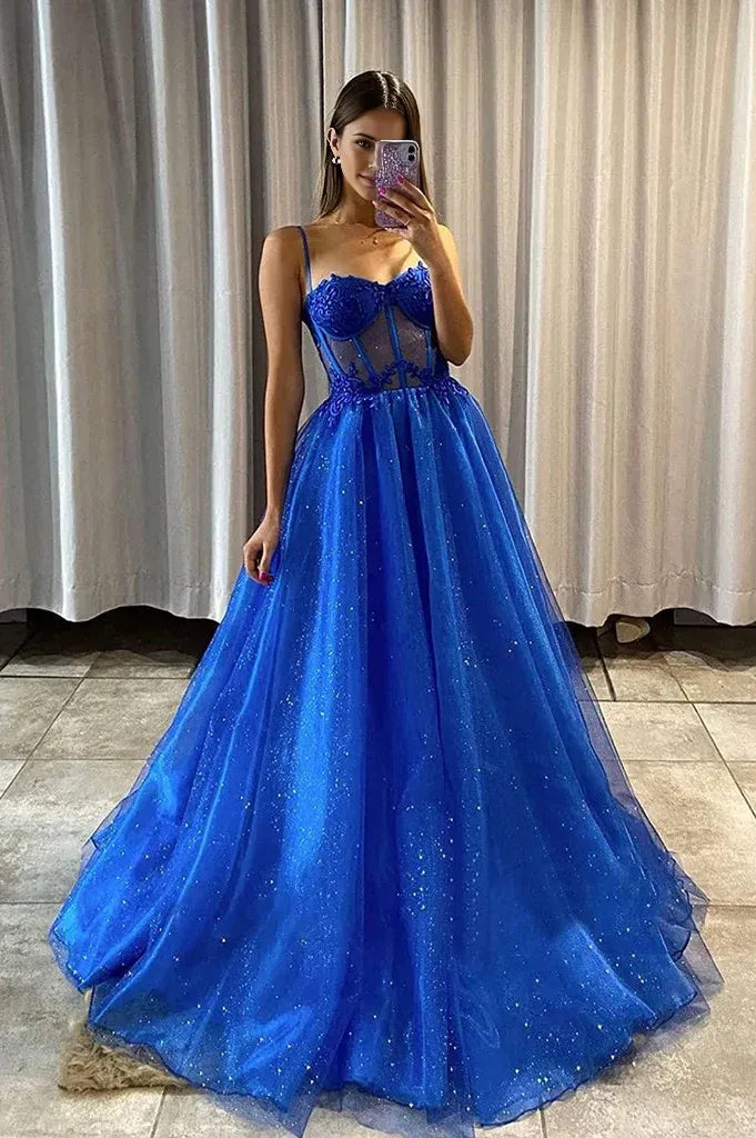 Elegant Royal Blue A Line Sweetheart Neck Spaghetti Strap Lace Up Lace Glitter Tulle Prom Dress