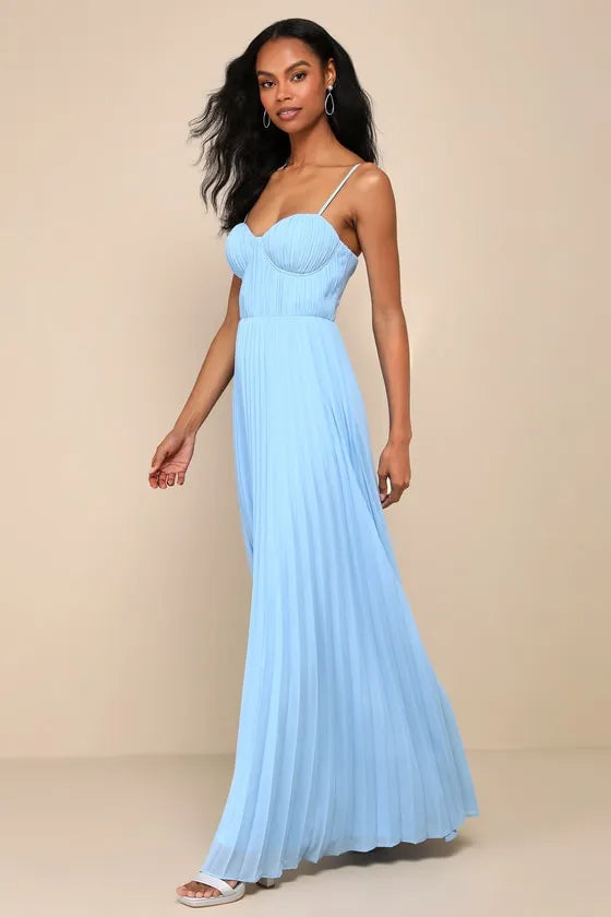 Elegance Light Blue A-Line Sweetheart Neck Spaghetti-Strap Back Zip Back Floor-Length Pleated Prom Dress