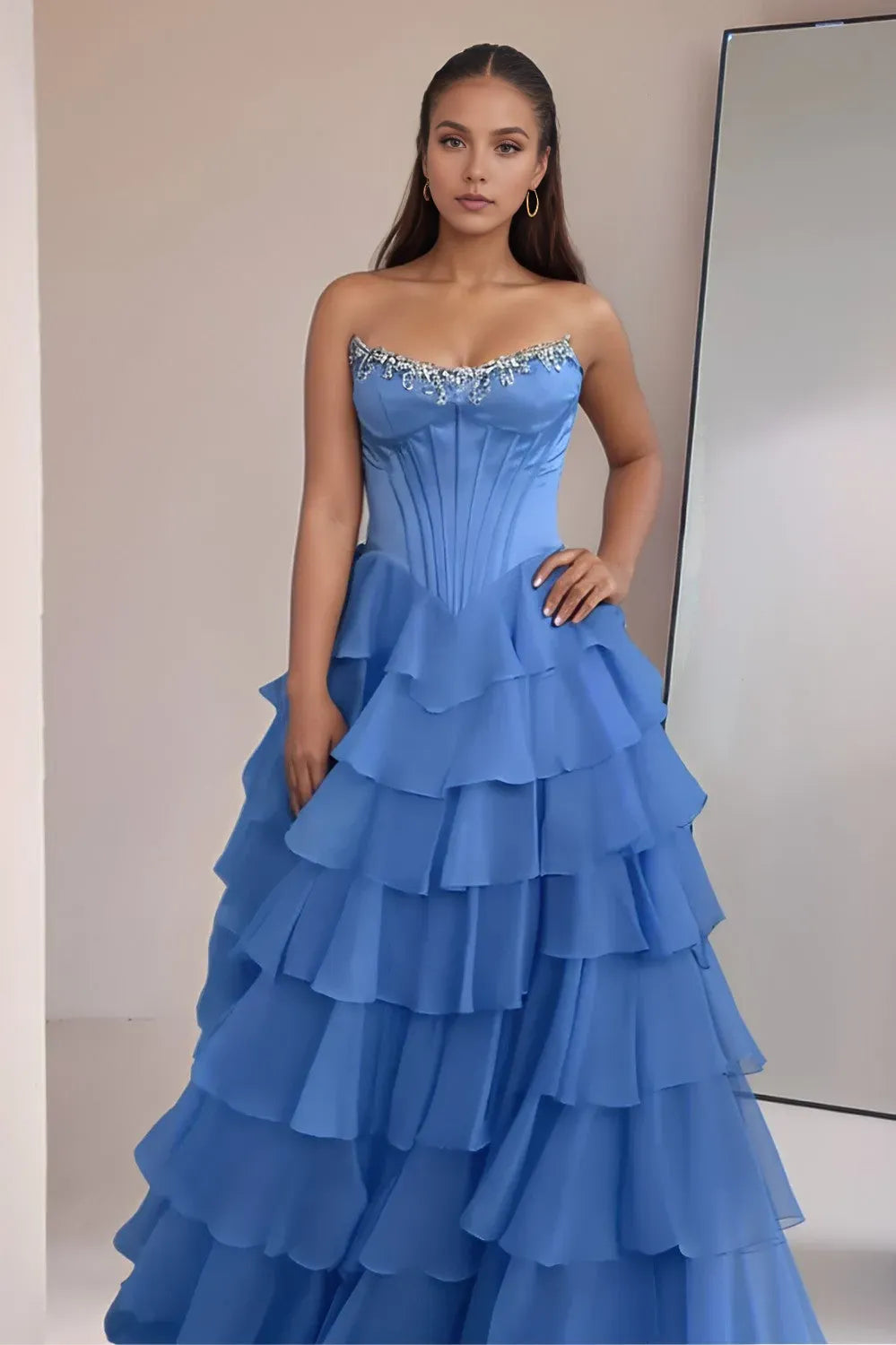 Glamorous Blue Ballgown Sweetheart Strapless Back Zip Floor-Length Beaded Tiered Prom Dress