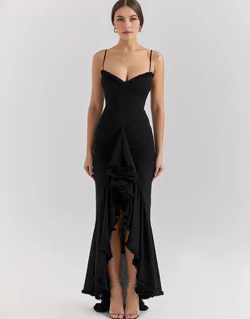 Romantic Black Mermaid Spaghetti-Straps Sleeveless Ruffle Ruffled Back Zip Floor-Length Prom Dresses