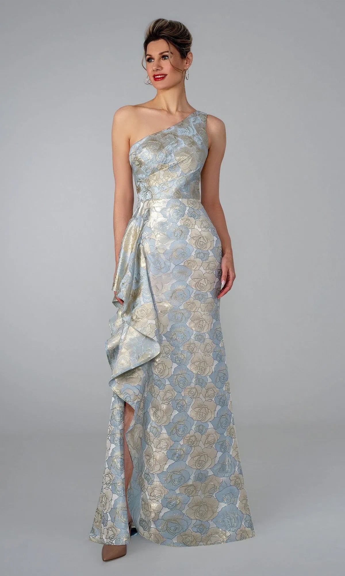 Elegant Sheath One Shoulder Floral Jacquard Ruffled High Slit Floor Length Prom Dresses