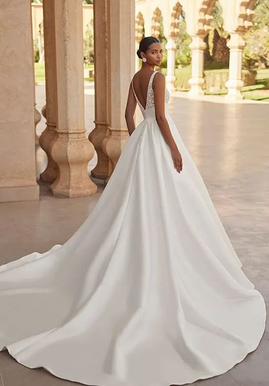 Regal A-Line Plunge Neck Sleeveless Lace Back Train Wedding Dresses