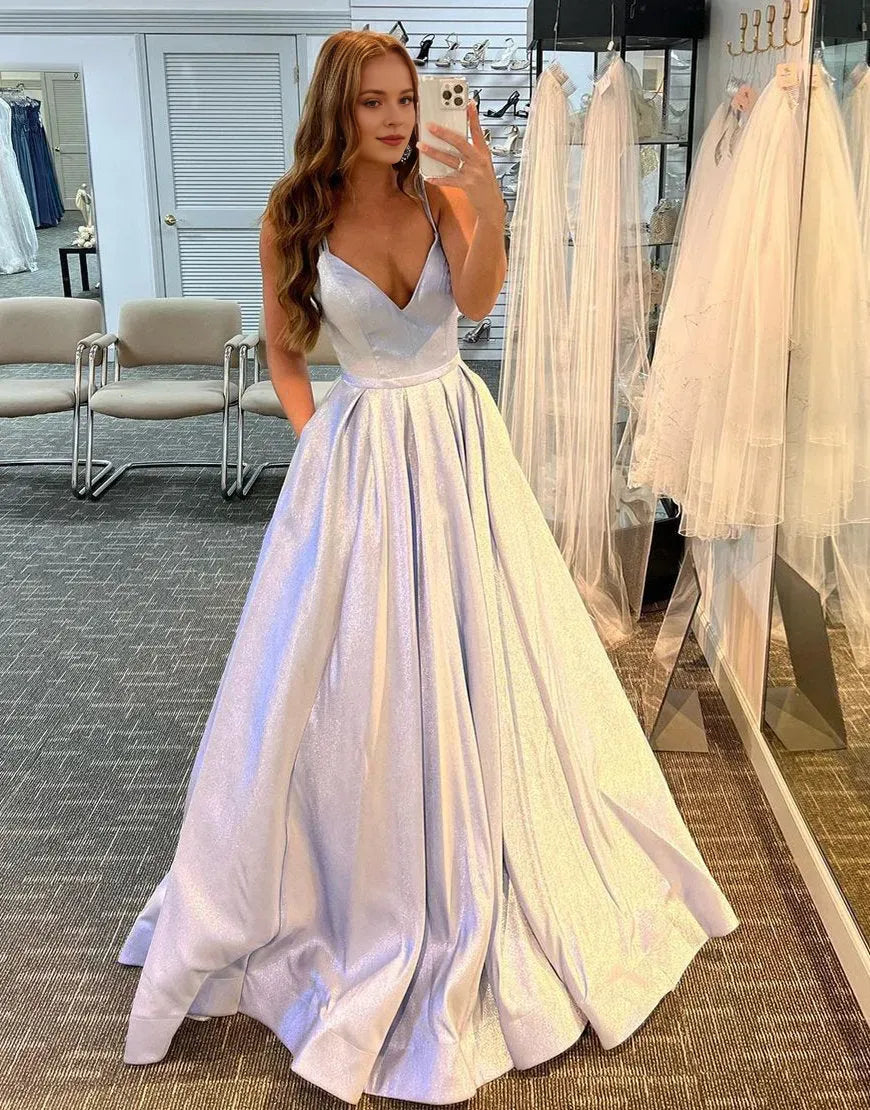 Sexy Glitter Satin A-Line Deep V-Neck Sleeveless Ruffles Lace Up Floor-Length Prom Dress Hot Sale