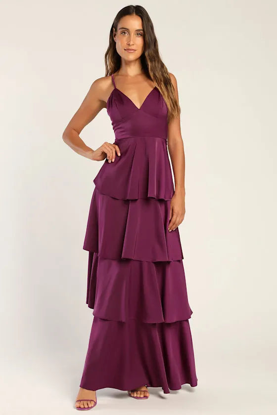 Chic A Line Deep V Spaghetti Strap Tiered Skirt Floor Length Formal Prom Dresses