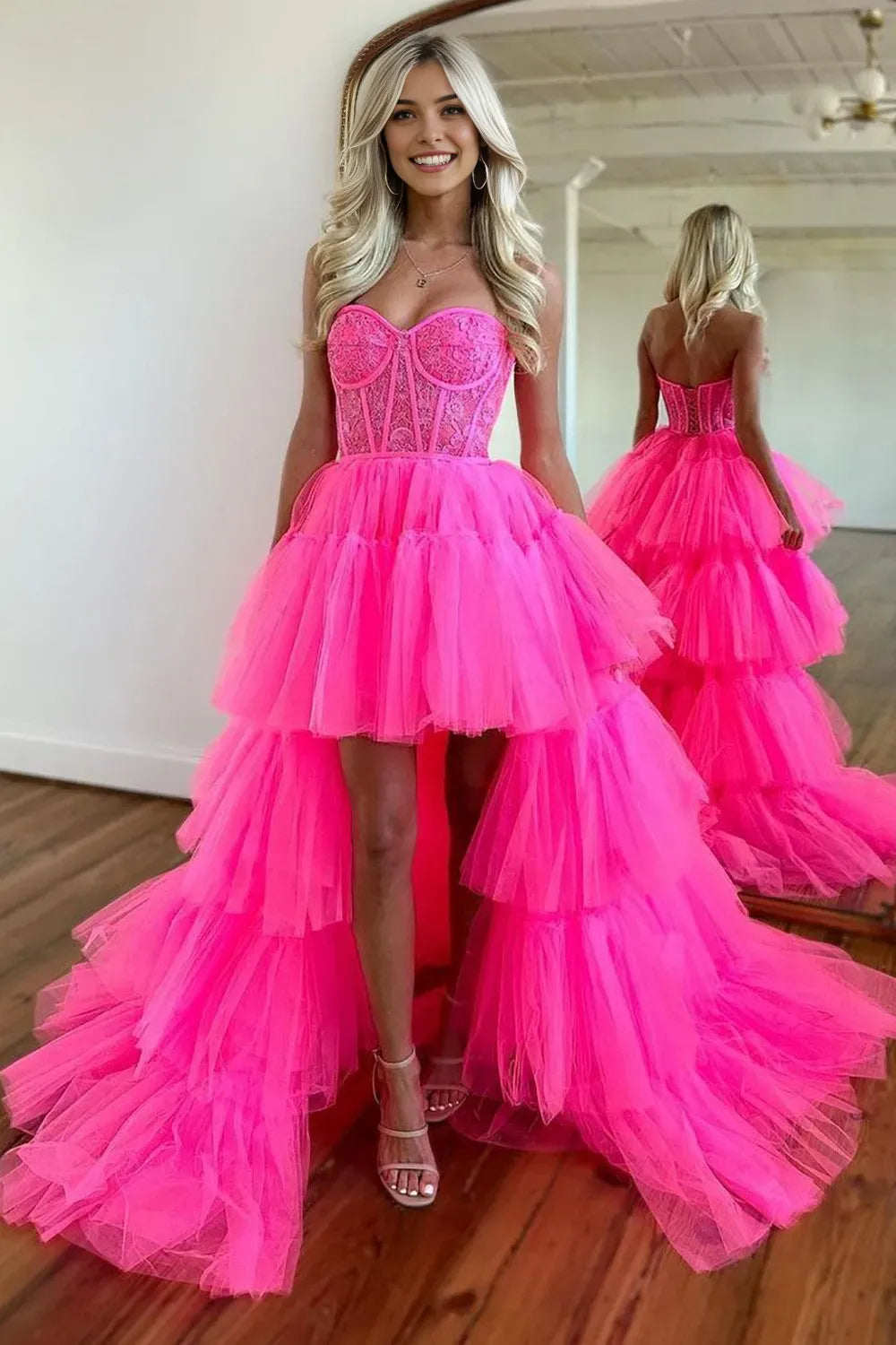 Elegant Hot Pink Asymmetrical Sweetheart Neck Sleeveless Lace Up Lace Tiered Tulle High-Low Prom Party Dress ﻿