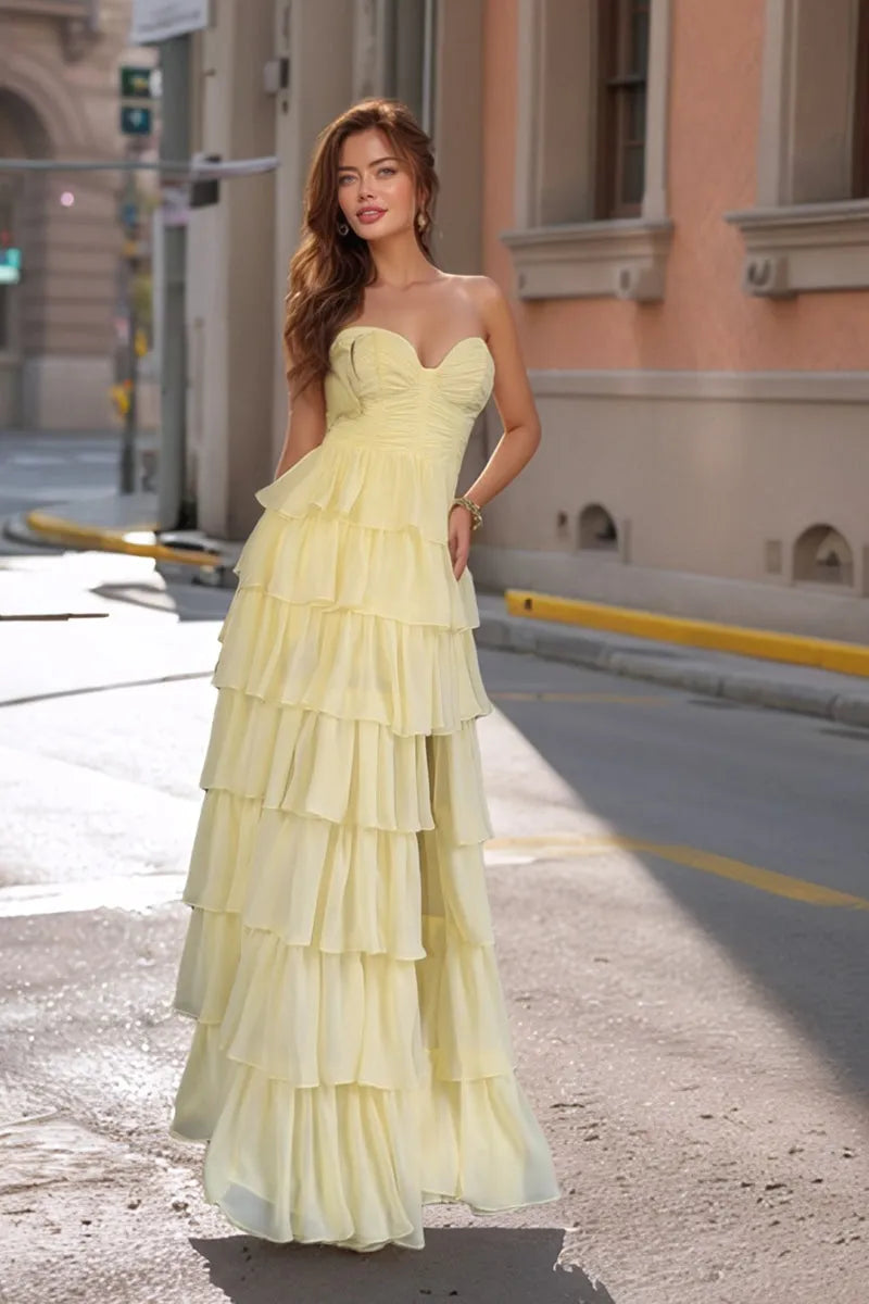 Airy A-Line Sweetheart Strapless Tiered-Ruffle Open-Back Floor-Length Prom Dress