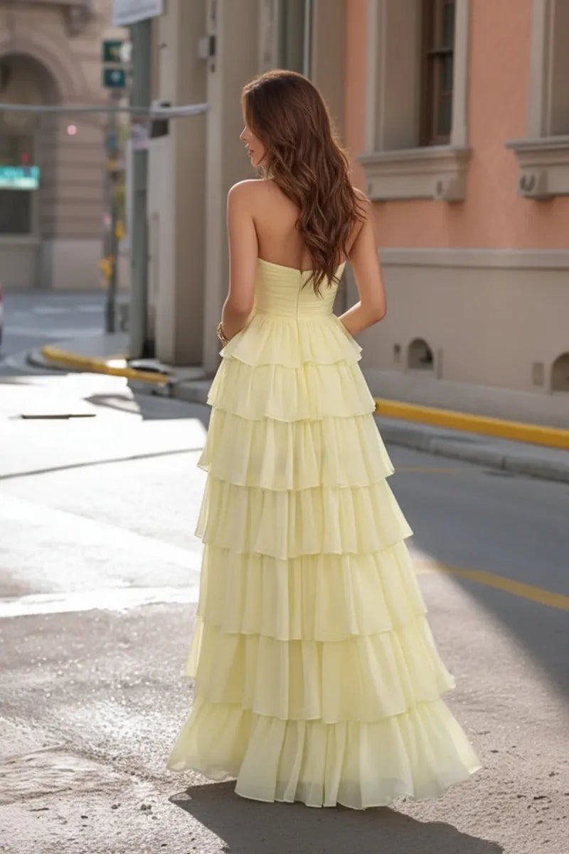 Airy A-Line Sweetheart Strapless Tiered-Ruffle Open-Back Floor-Length Prom Dress