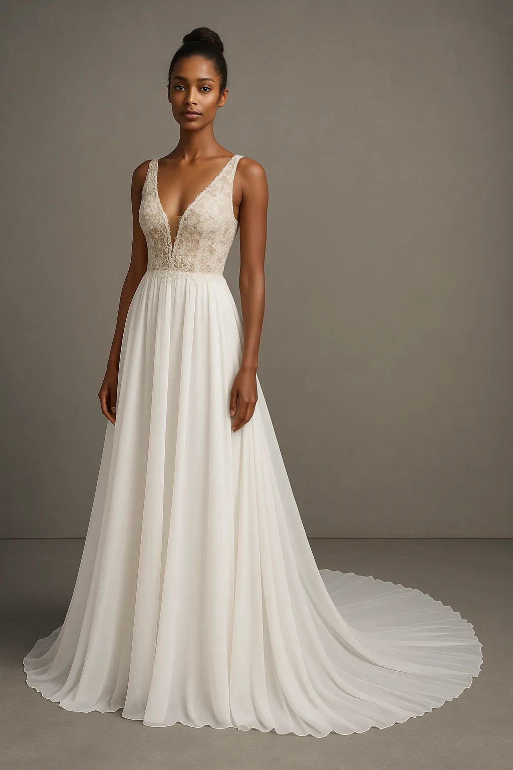 Airy A-Line V-Neck Sleeveless Open-Back Floor-Length Wedding Dresses