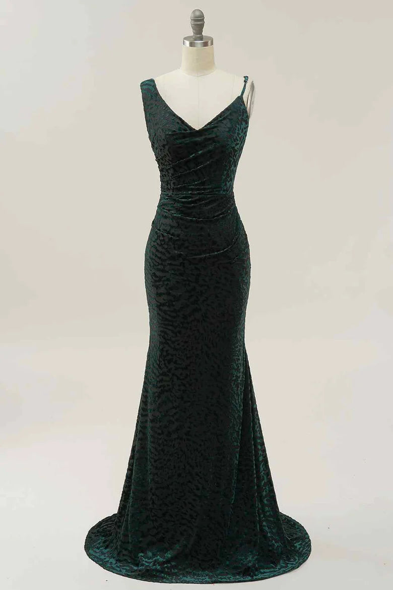 Asymmetrical Strap Dark Green Velvet Mermaid Prom Dress with Cowl Back
