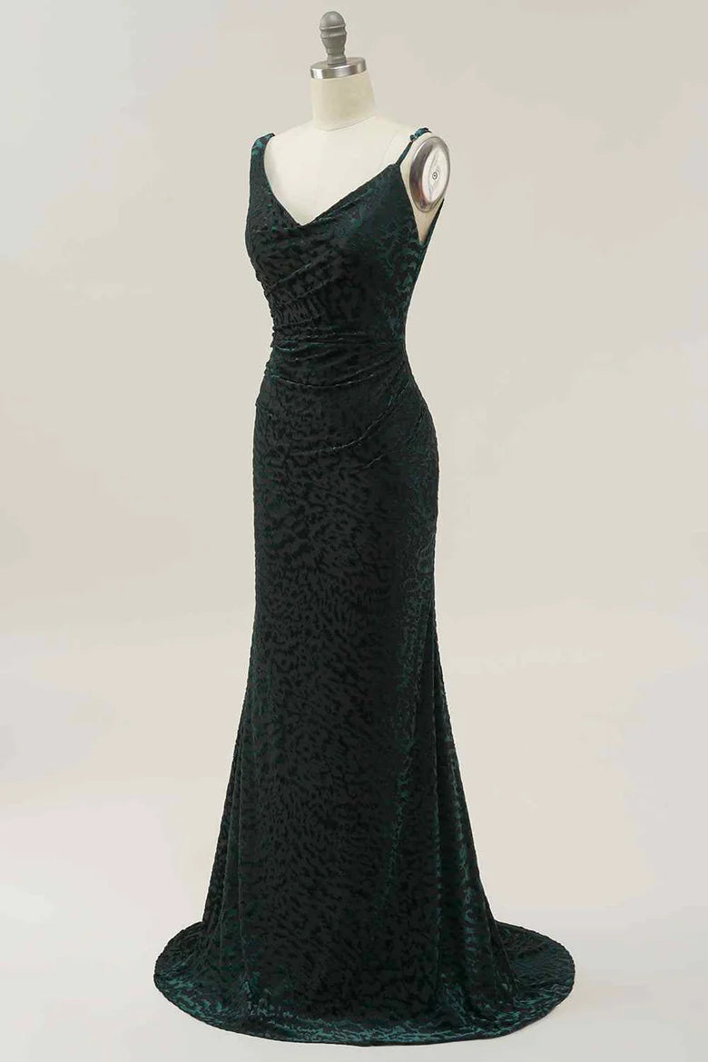 Asymmetrical Strap Dark Green Velvet Mermaid Prom Dress with Cowl Back