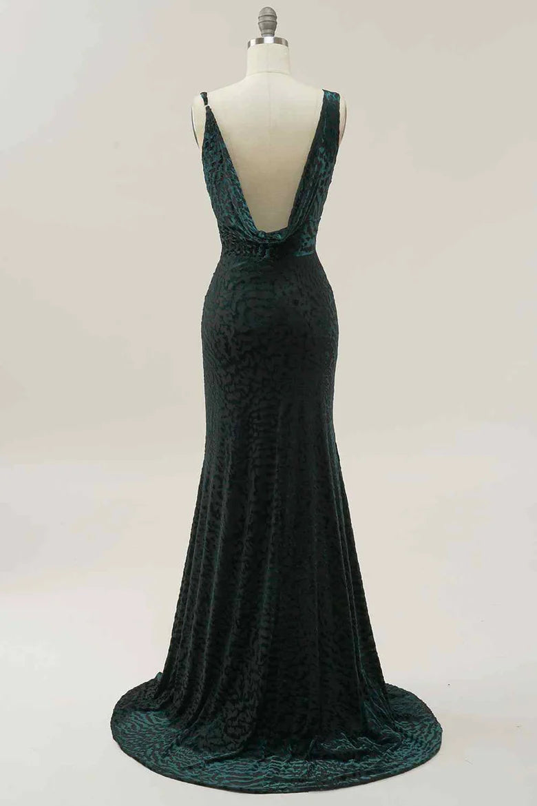 Asymmetrical Strap Dark Green Velvet Mermaid Prom Dress with Cowl Back