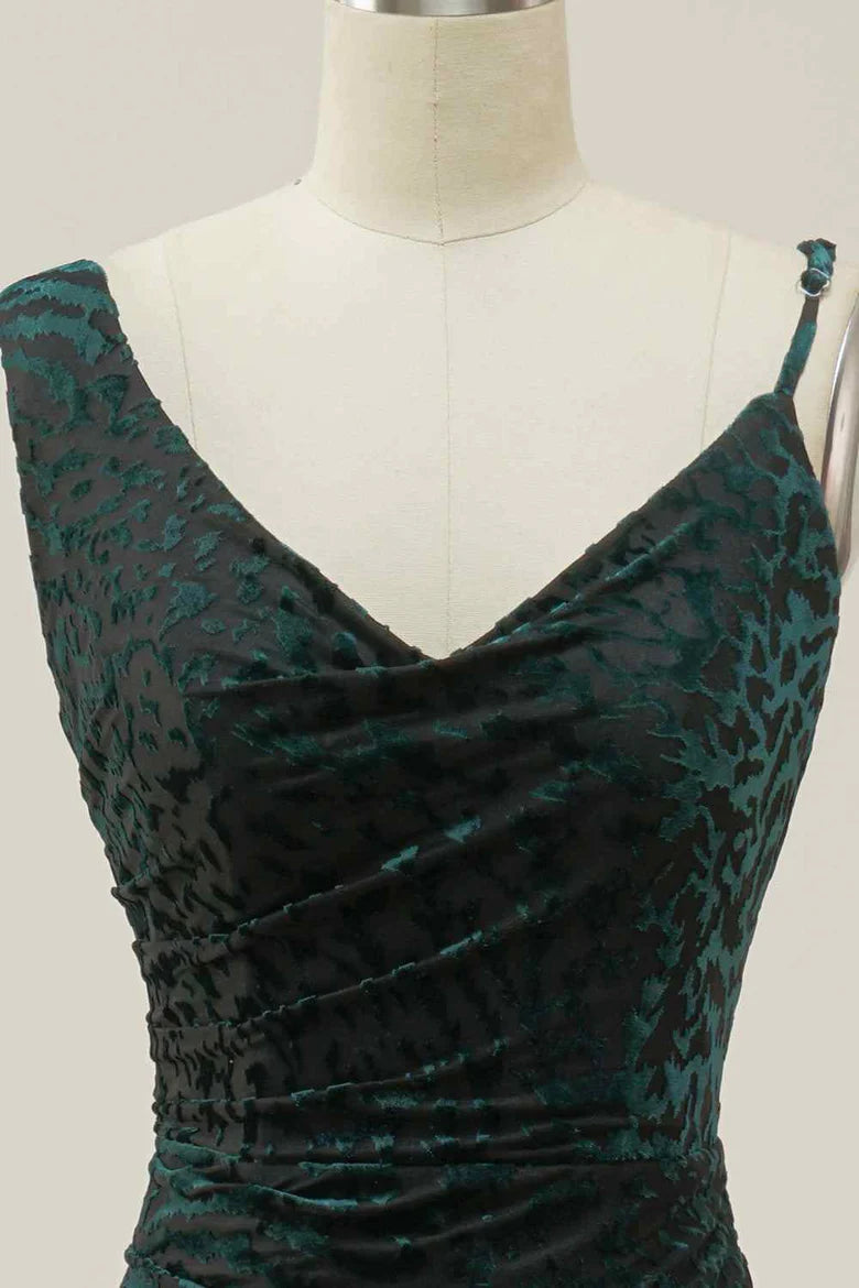 Asymmetrical Strap Dark Green Velvet Mermaid Prom Dress with Cowl Back