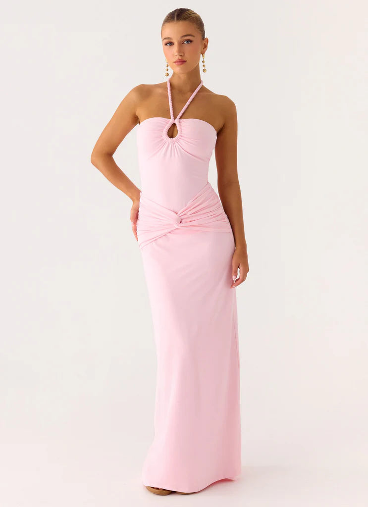 Baby Pink Halter Neck Ruched Knot Maxi Prom Dress For Elegant Formal Evening Events