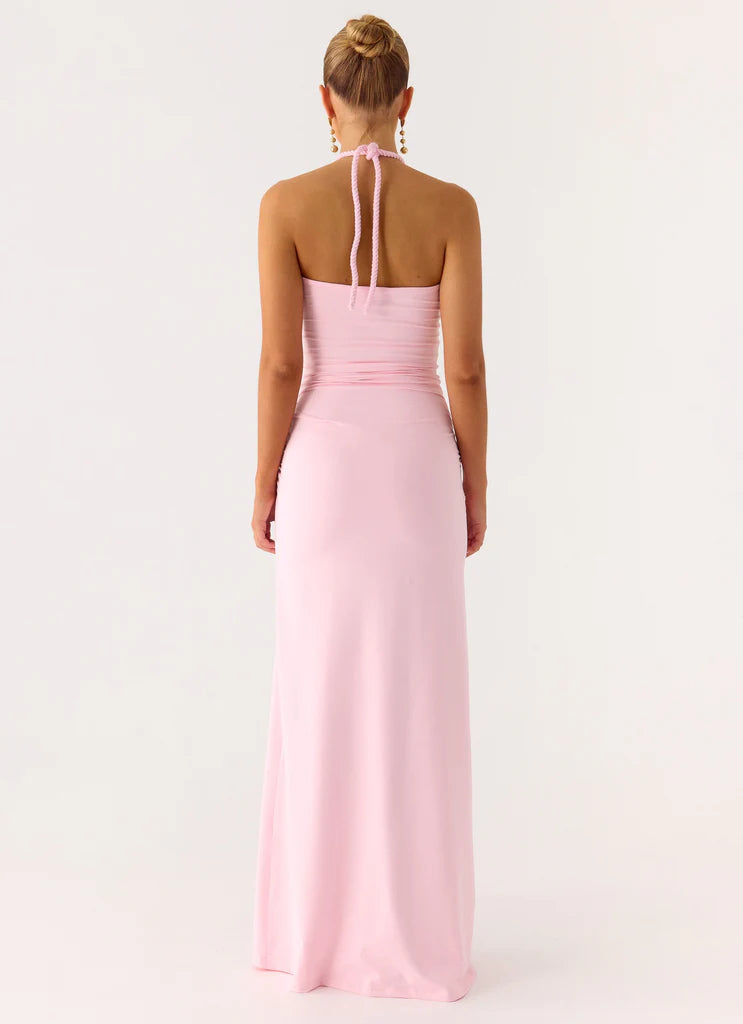 Baby Pink Halter Neck Ruched Knot Maxi Prom Dress For Elegant Formal Evening Events