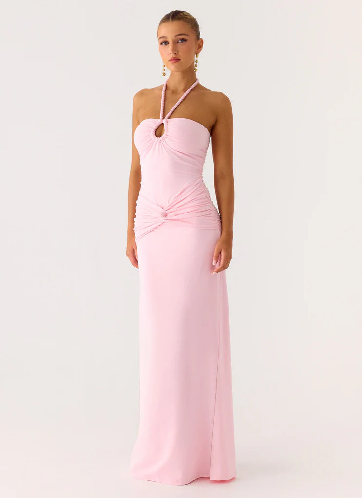 Baby Pink Halter Neck Ruched Knot Maxi Prom Dress For Elegant Formal Evening Events