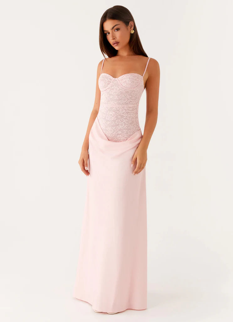 Baby Pink Lace Bustier Spaghetti Strap Draped Satin Maxi Prom Dress for Formal Events
