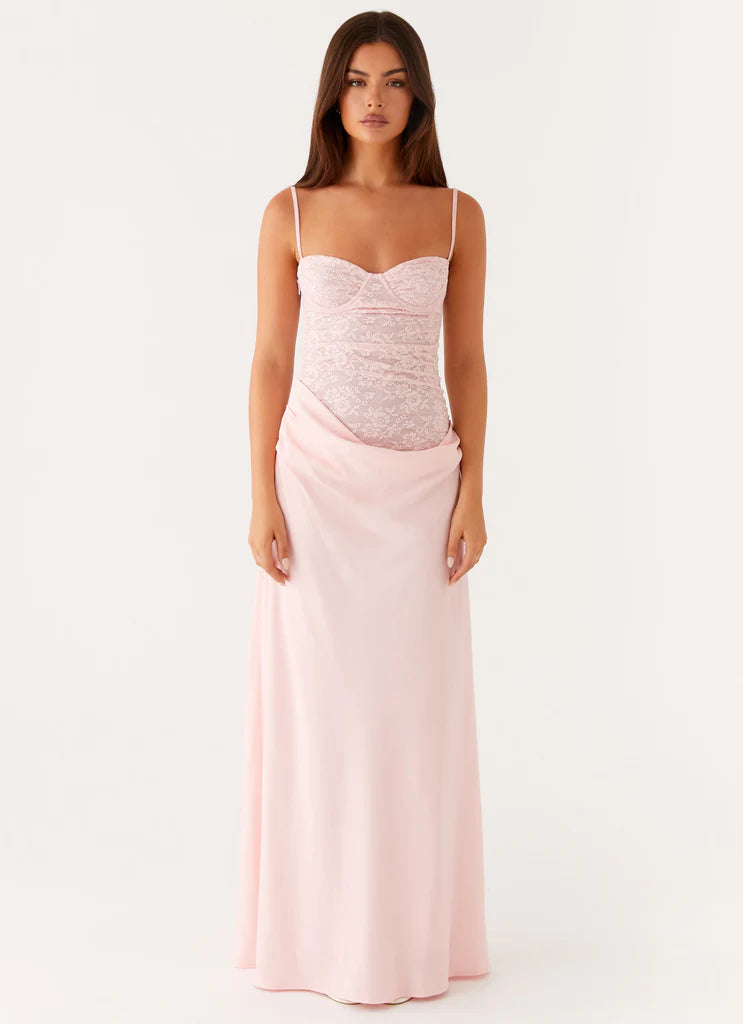 Baby Pink Lace Bustier Spaghetti Strap Draped Satin Maxi Prom Dress for Formal Events
