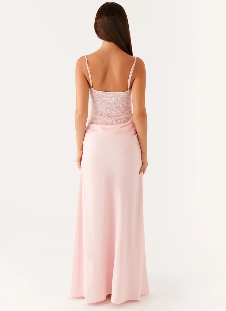Baby Pink Lace Bustier Spaghetti Strap Draped Satin Maxi Prom Dress for Formal Events
