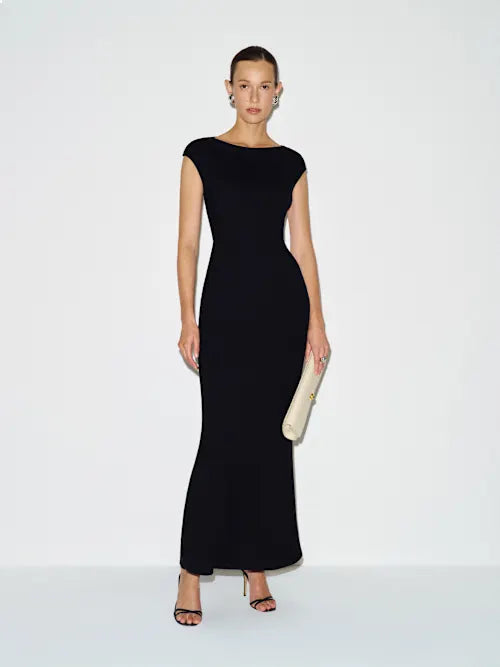 Black Cap Sleeve Open Back Maxi Prom Dress