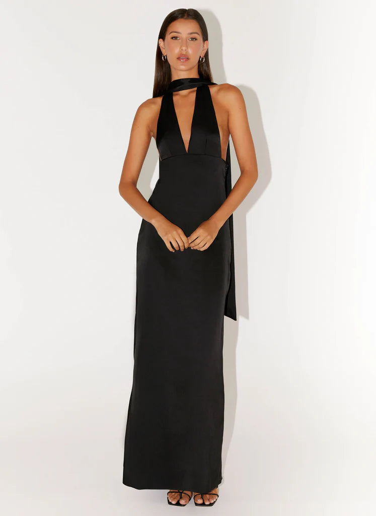 Black Halter Neck Deep V Backless Satin Maxi Evening Dress For Elegant Formal Evening Events