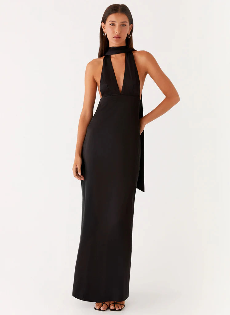 Black Halter Neck Deep V Backless Satin Maxi Evening Dress For Elegant Formal Evening Events