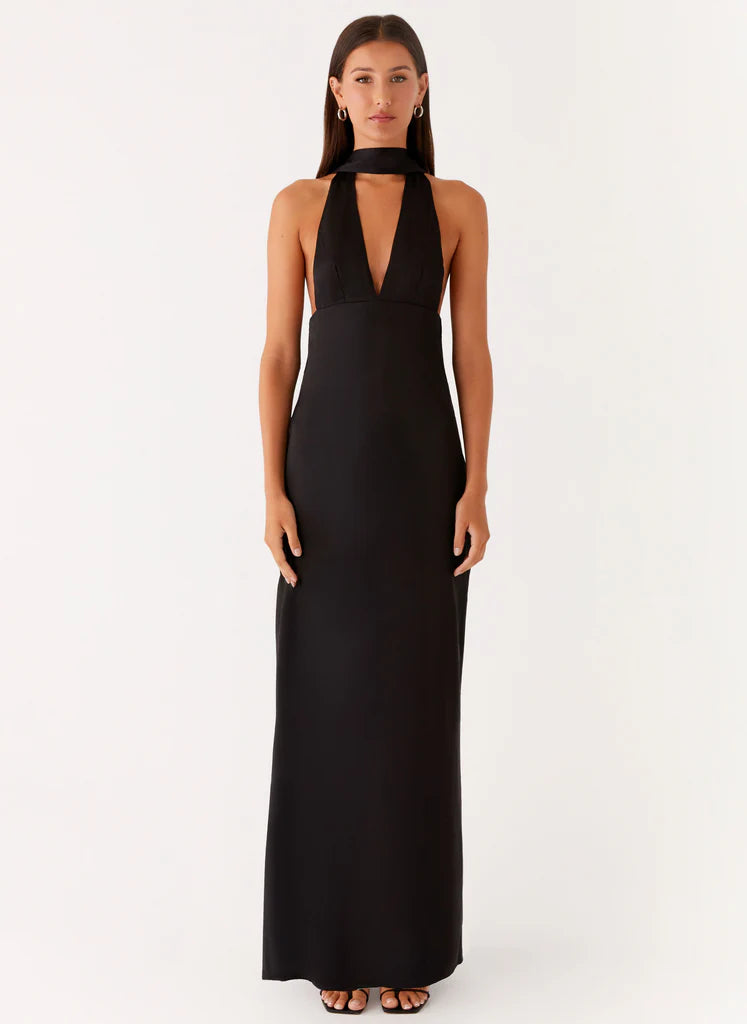 Black Halter Neck Deep V Backless Satin Maxi Evening Dress For Elegant Formal Evening Events