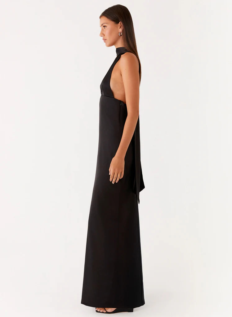 Black Halter Neck Deep V Backless Satin Maxi Evening Dress For Elegant Formal Evening Events