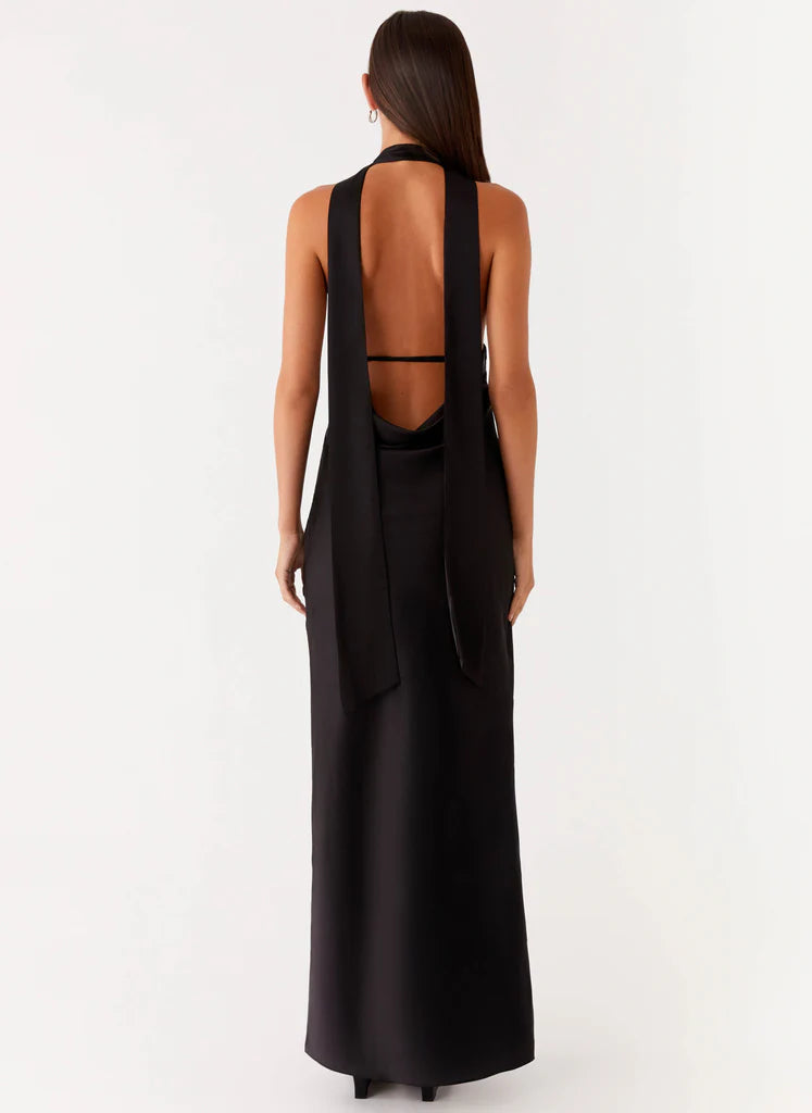 Black Halter Neck Deep V Backless Satin Maxi Evening Dress For Elegant Formal Evening Events
