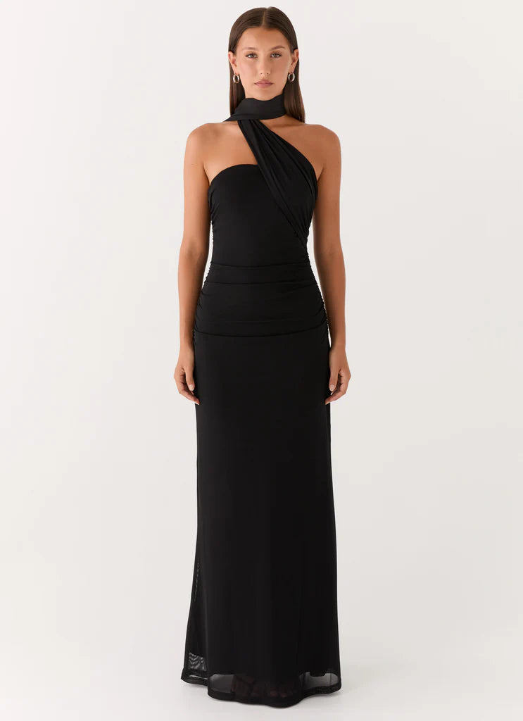 Black Halter Neck Ruched Backless Mesh Maxi Prom Dress For Glam Formal Evening Events
