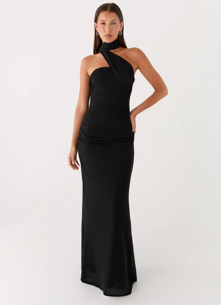 Black Halter Neck Ruched Backless Mesh Maxi Prom Dress For Glam Formal Evening Events