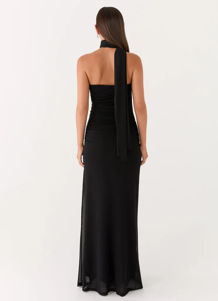 Black Halter Neck Ruched Backless Mesh Maxi Prom Dress For Glam Formal Evening Events