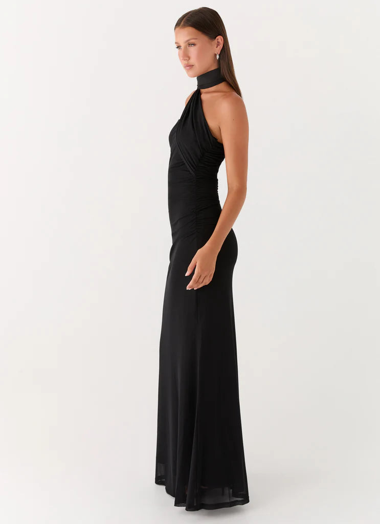 Black Halter Neck Ruched Backless Mesh Maxi Prom Dress For Glam Formal Evening Events