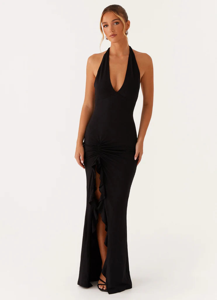 Black Halter Neck Ruched Ruffle Maxi Prom Dress For Elegant Formal Evening Events