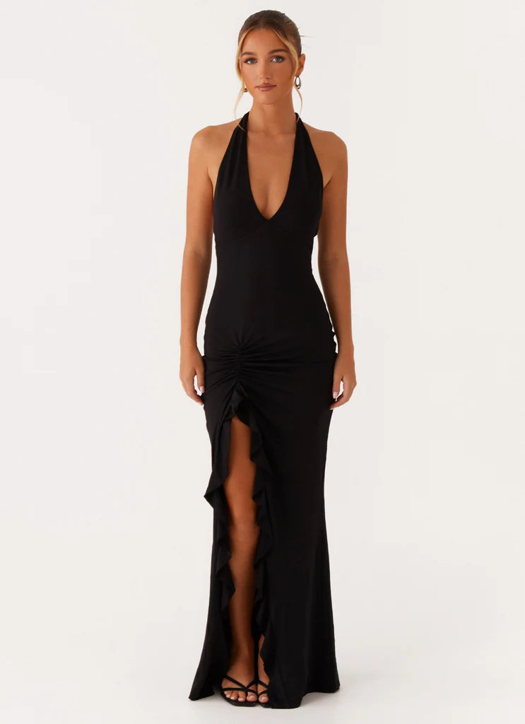 Black Halter Neck Ruched Ruffle Maxi Prom Dress For Elegant Formal Evening Events