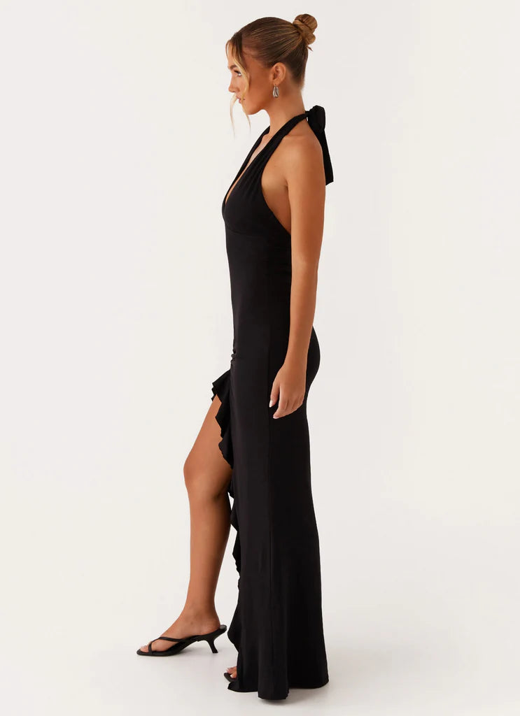 Black Halter Neck Ruched Ruffle Maxi Prom Dress For Elegant Formal Evening Events