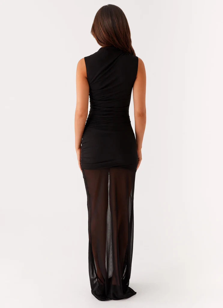 Black High Neck Ruched Sheer Mesh Maxi Dress For Elegant Formal Party Events
