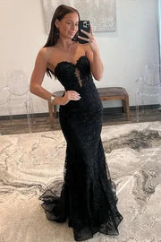 Black Lace Strapless Mermaid Prom Dress with Keyhole Cutout