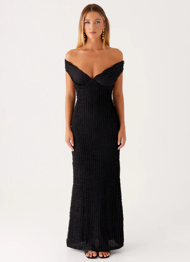Black Off Shoulder Textured Backless Tie Maxi Dress For Elegant Formal Party Events