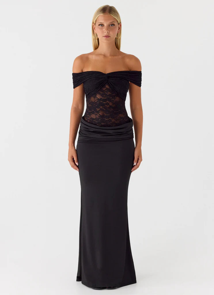 Black Off The Shoulder Lace Satin Maxi Prom Dress For Elegant Formal Evening Events