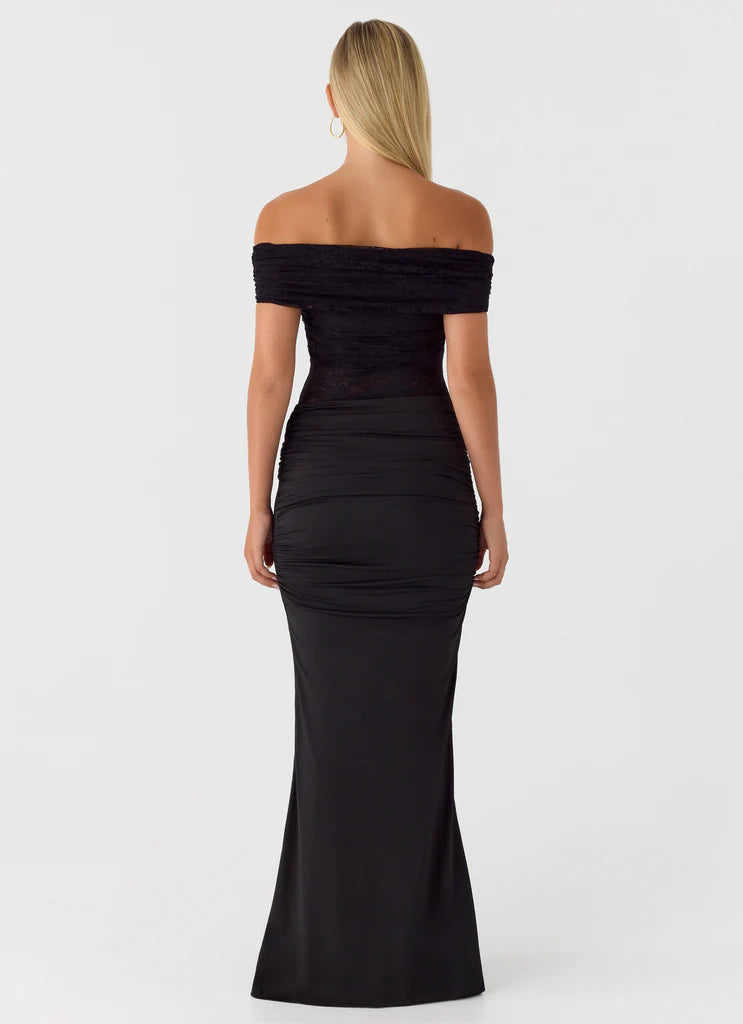 Black Off The Shoulder Lace Satin Maxi Prom Dress For Elegant Formal Evening Events