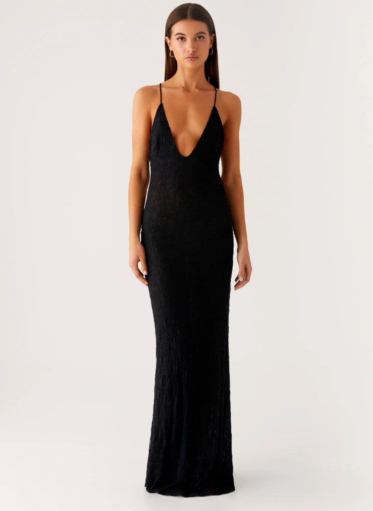 Black Plunge Neck Open Back Textured Maxi Prom Dress For Elegant Formal Evening Events