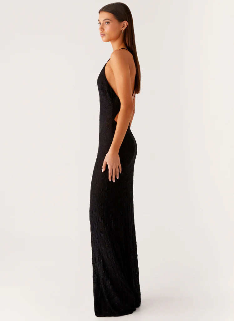 Black Plunge Neck Open Back Textured Maxi Prom Dress For Elegant Formal Evening Events