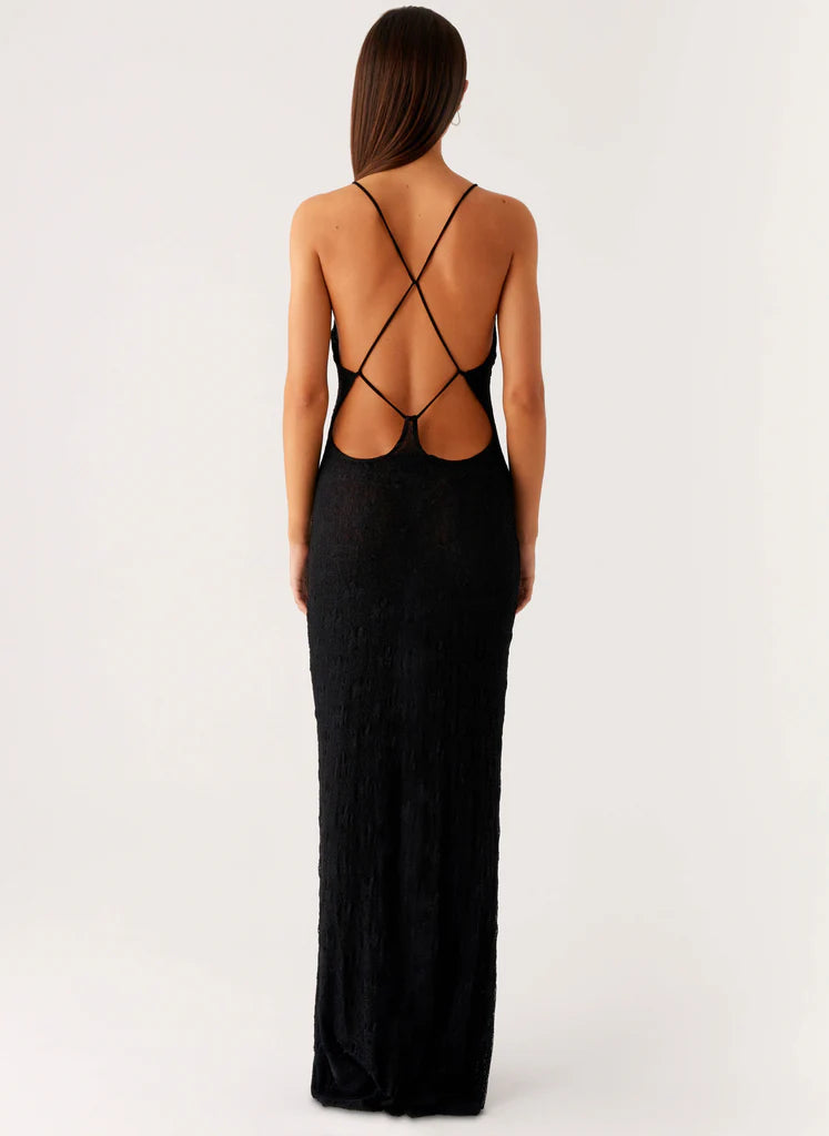 Black Plunge Neck Open Back Textured Maxi Prom Dress For Elegant Formal Evening Events