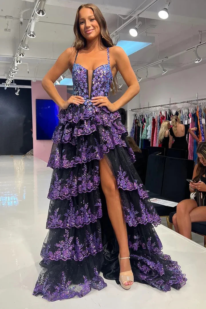 Black Purple Sequin Spaghetti Strap Tiered Ruffle Prom Dress with High Slit