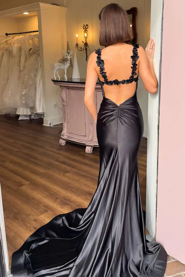 Black Satin Flower Appliqué Mermaid Prom Dress with Open Back
