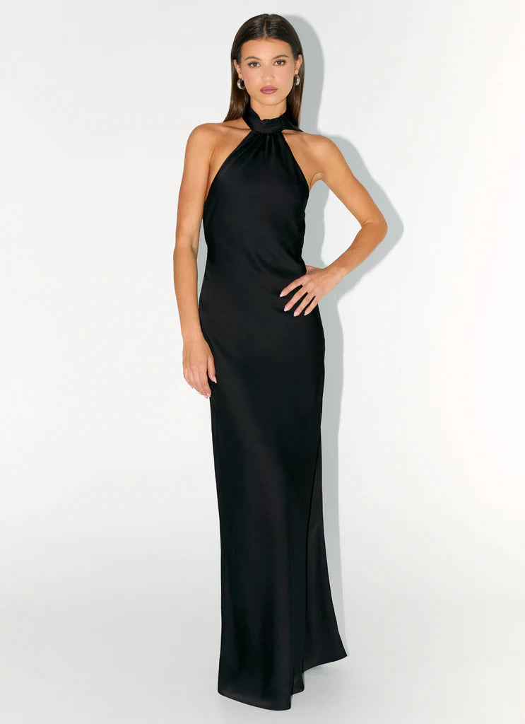 Black Satin Halter Neck Backless Tie Maxi Prom Dress For Elegant Formal Occasions