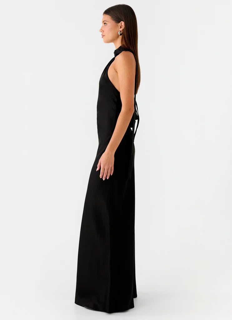 Black Satin Halter Neck Backless Tie Maxi Prom Dress For Elegant Formal Occasions